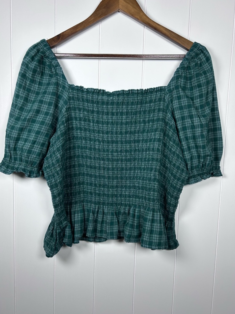 J Crew Smocked Plaid Top Puff Sleeve Green Size Large - Picture 4 of 9
